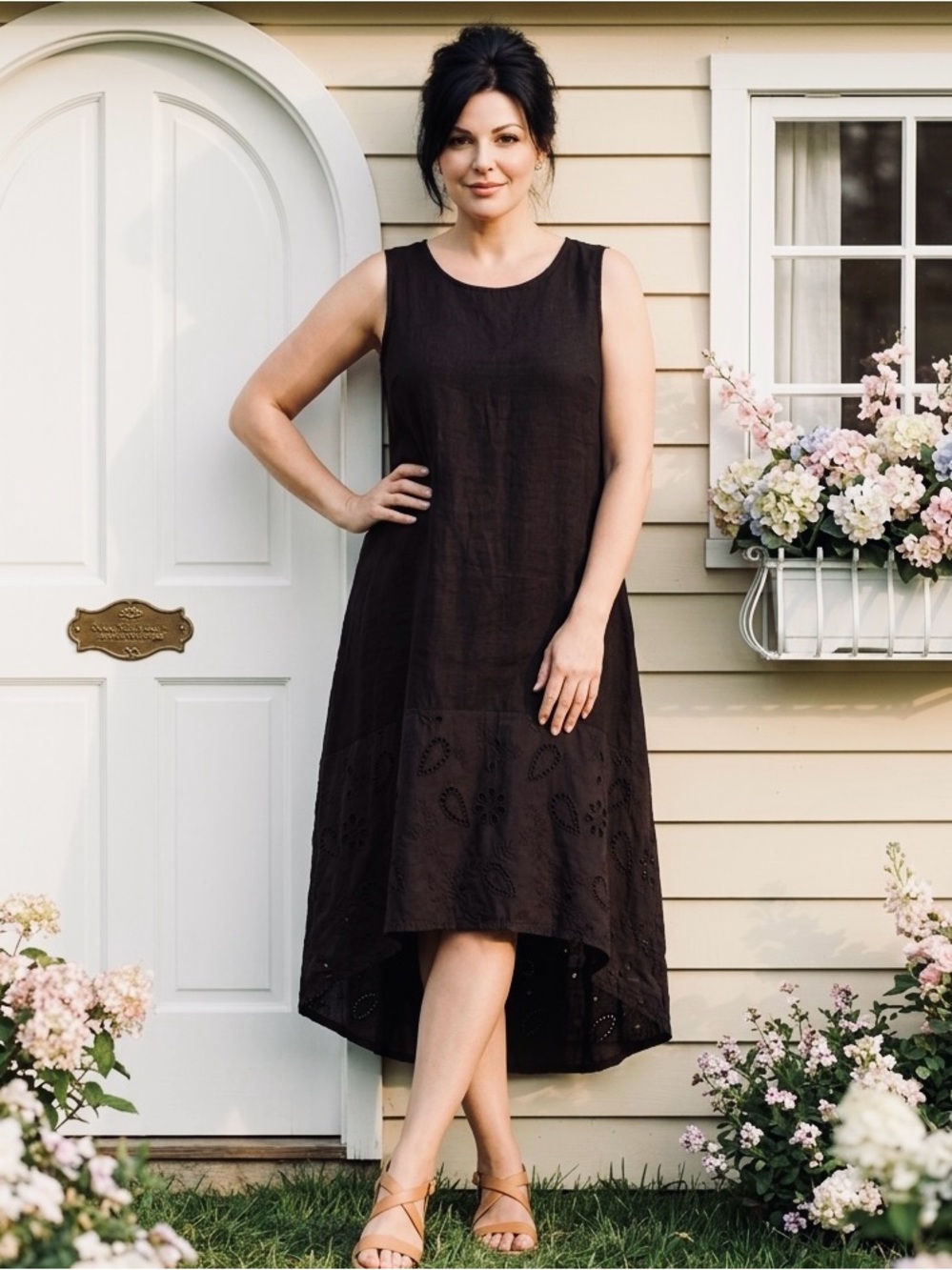 Terzo Millennio 100% Linen Black Sleeveless Embroidered Hem Summer Dress-XL